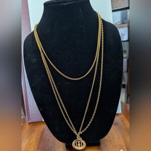 Vintage  3 Strand Chain Necklace With Art Deco Gold Pendant